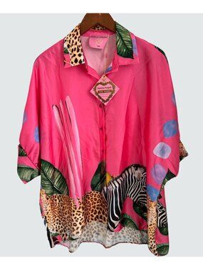 Patricia Forgeal LM Lulu Pink Button-Up Shirt With Jungle Safari Print Leopard &